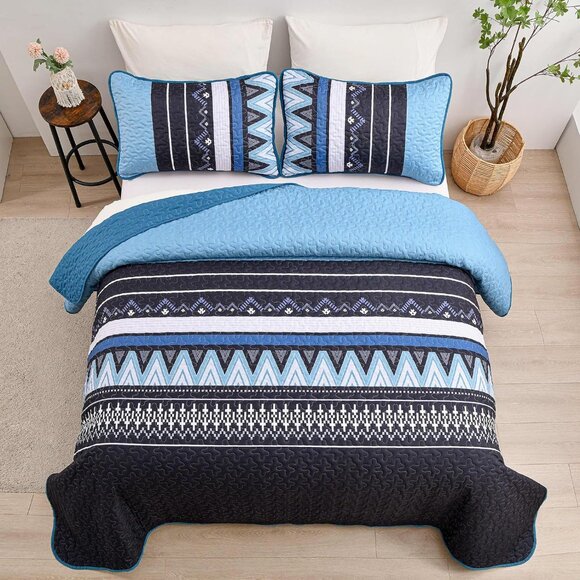 New 3 PC Boho Blue & Black Reversible Quilt Set • QUEEN Size - Picture 2 of 8
